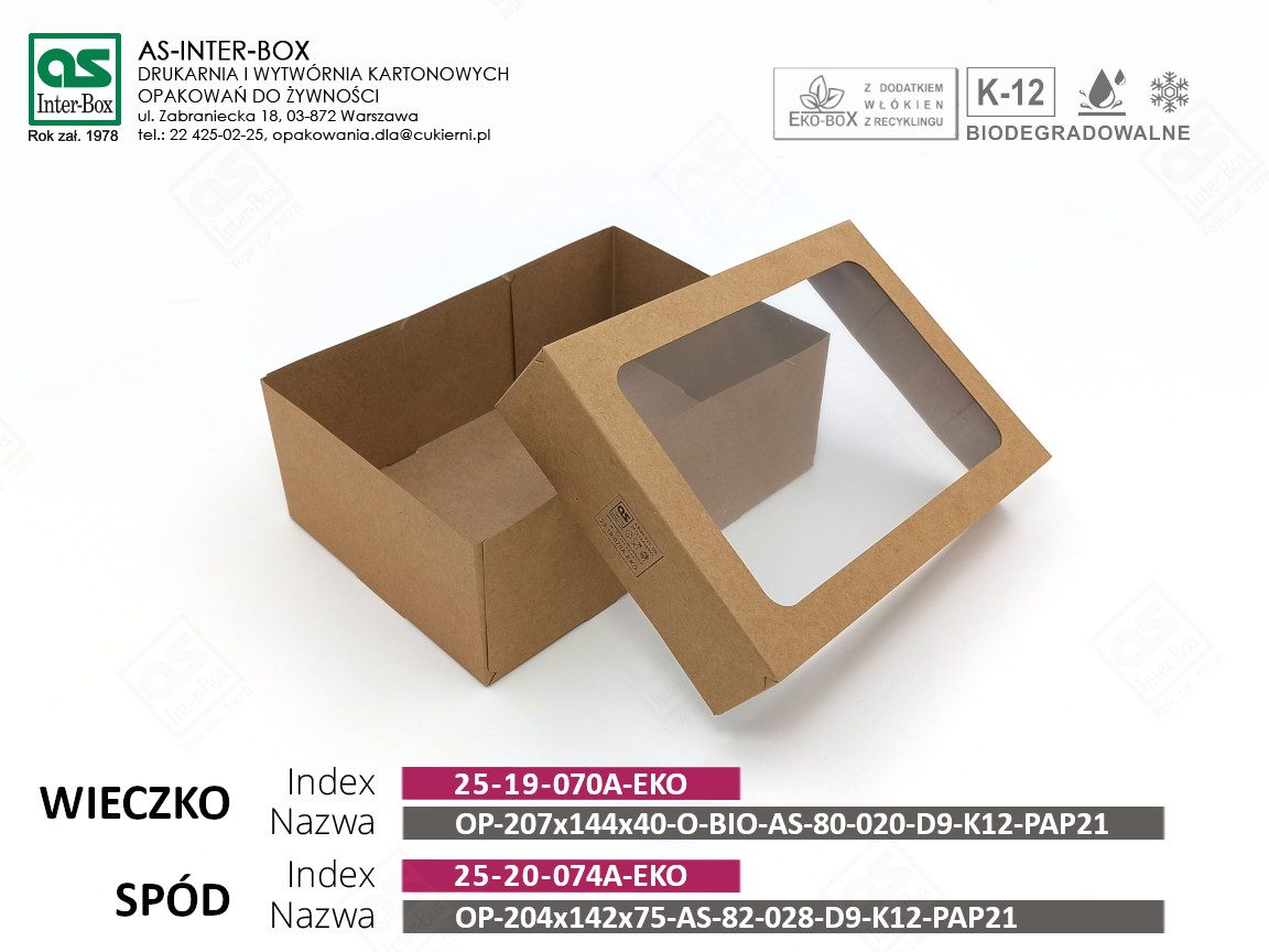 Opakowanie — 25-19-070A-EKO — WIECZKO: OP-207x140x40-O-BIO-AS-80-020-D9-K12 PAP21 — 204x142x65 mm