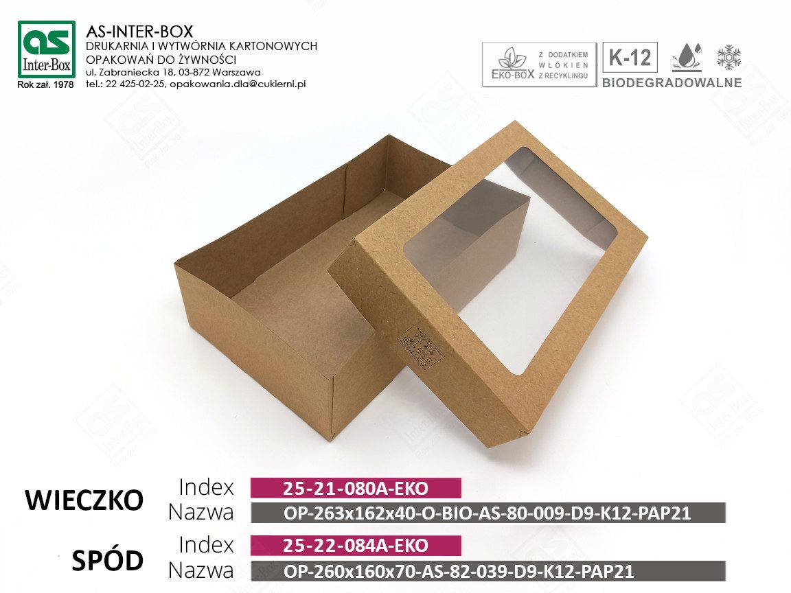 Opakowanie — 25-21-080A-EKO — WIECZKO: OP-263x162x40-O-BIO-AS-80-009-D9-K12 PAP21 — 260x160x70 mm