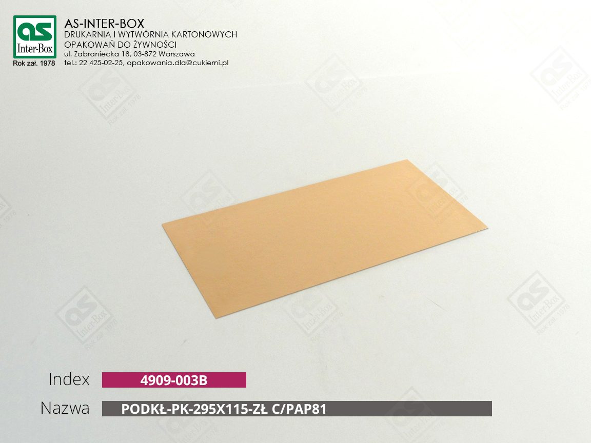 Opakowanie — 49-09-003B — PODKŁ-PK-295X115-ZŁ C/PAP81 — 295x115 mm