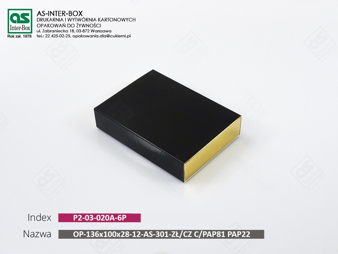Opakowanie — P2-03-020A-6P — OP-136/100/28/12-AS-301-ZŁ/CZ C/PAP81-PAP22 — 136x100x28 mm