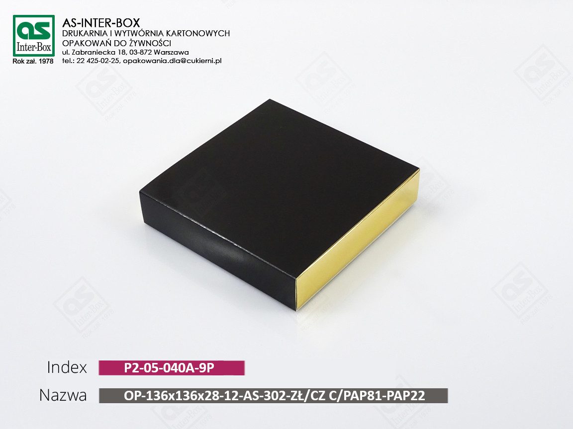 Opakowanie — P2-05-040A-9P — OP-136x136x28-12-AS-302-ZŁ/CZ C/PAP81-PAP22 — 136x136x28 mm