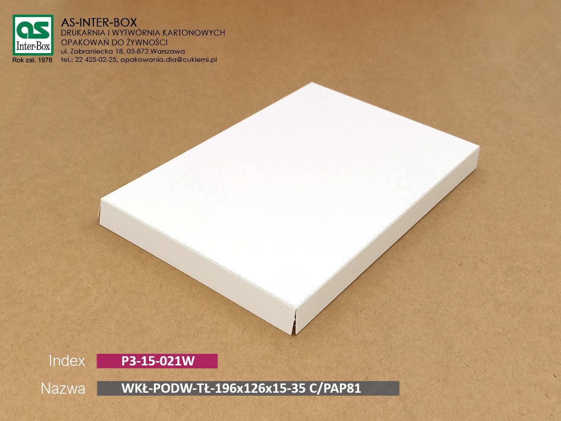 Opakowanie — P3-15-021W — WP-WKŁ-PODW-TŁ-196x126x15-35-C/PAP81 — 196x126x15-35 mm