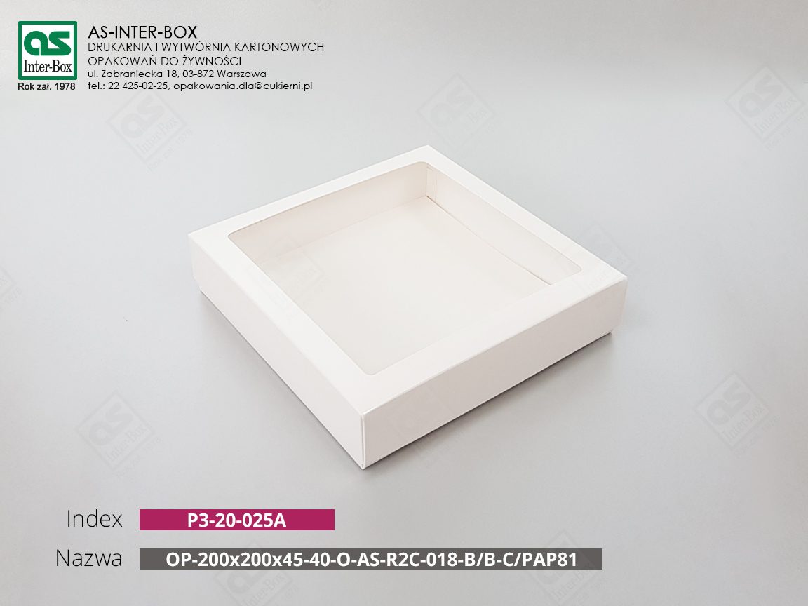 Opakowanie — P3-20-025A — OP-R2C-018-200x200x45-40-O-B/B-SP+W C/PAP81 — 200x200x45-40 mm